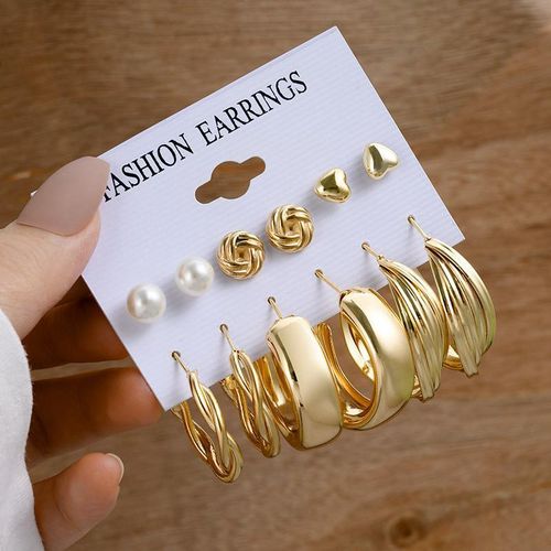 6 in 1 Pearl Round Earrings – Vintage Gold Geometric Ladies Set