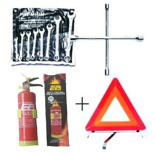 Automobile Car Safety Fire Extinguisher + Wheel Spanner + 8 Pcs Flat & Ring Spanner + C-Caution Sign
