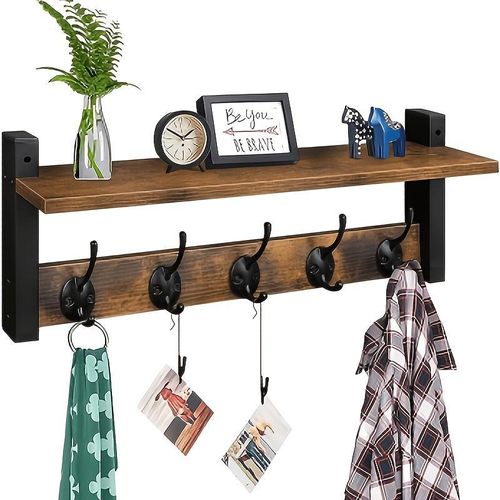 Wall-mounted coat rack with shelf, featuring 5 heavy-duty hooks, suitable for hallways, bathrooms, bedrooms, kitchens or utility rooms (brown)