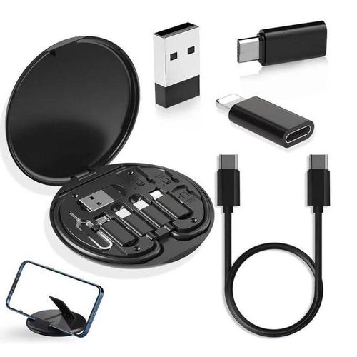 Multi-Function Type C to Type C/USB-A/Micro-USB/Lightning Charging Cable, Data Cable Storage Box, Mobile Phone Holder Kit Suitable for iPad Laptop and Tablet etc