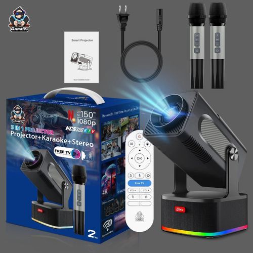 3in1 HCS350 KTV Smart TV Stick 4K Projector Karaoke Speaker 2pcs Microphone 450Ansi WiFi Built-in Speakers 4/16gb Android 14 150" Portable Projector, White