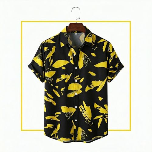 Men's Vintage Abstract Print Short Sleeve Shirt - Black & Yellow Casual Beach Wear