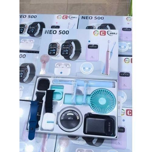 Gift Box for HIM OR HER - Neo 500 Smartwatch with 12-in-1 BT SMARTWATCH Set with Earpod, Powerbank, Mini Fan, Led Light, 3 Electric Toothbrush , 3 Straps AMOLED Display Multiple