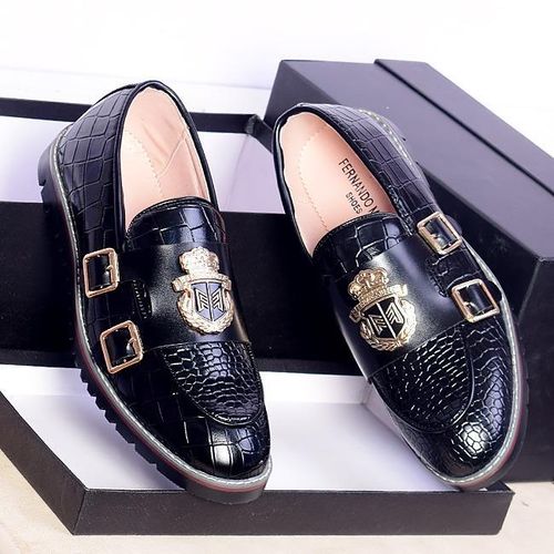 Men's Black Croc-Embossed Double Monk Strap Loafers – Gold Crest Lug Sole Shoes