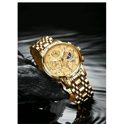 Men Sport Waterproof Gold Luminous Stainless Steel Watch