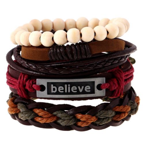 4PCS Leather Mens Bracelets BELIEVE Bracelet Braided