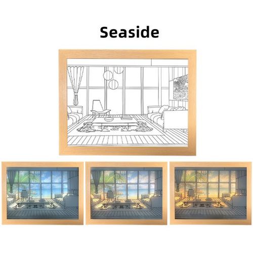 Modern Decor Led Painting Usb Dimmable Wall Artwork Bedroom Bedside Warm Modern Sunshine Drawing Wooden Photo Night -Seaside23X17CM