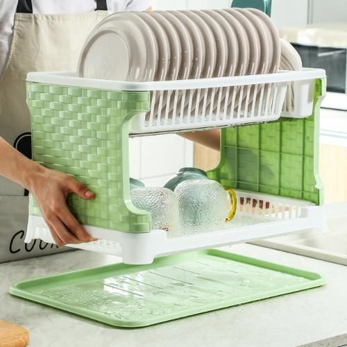 2-Tier Premium Plastic Dish Rack & Plate Drainer - Durable Rust-Free Kitchen Counter Organizer With Cutlery Holder & Drip Tray - Light Green