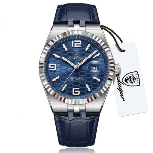 Men's Sport-Luxury Blue Honeycomb Dial Quartz Watch with Fluted Bezel and Navy Crocodile-Embossed Leather Strap