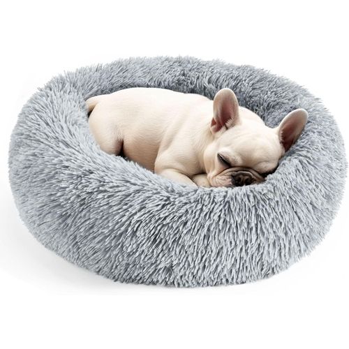 Dog & Cat Bed for Indoor Cats, 20in Calming Donut Bed for Puppy and Kitten, Washable Round Fluffy Pet Bed for Small Medium Dogs and Cats (Light Grey)