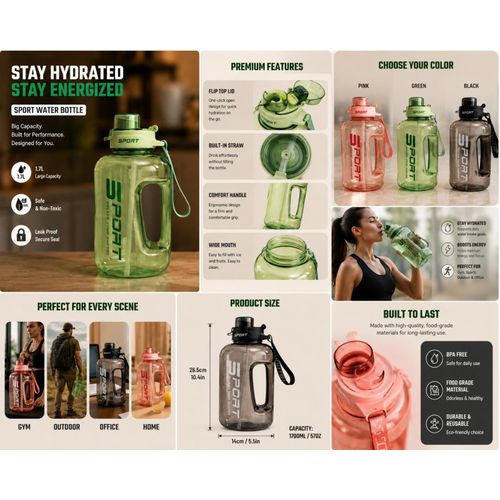 1.7L Water Bottle Large Capacity Water Bottle Big Belly Cup Fitness Water Bottle