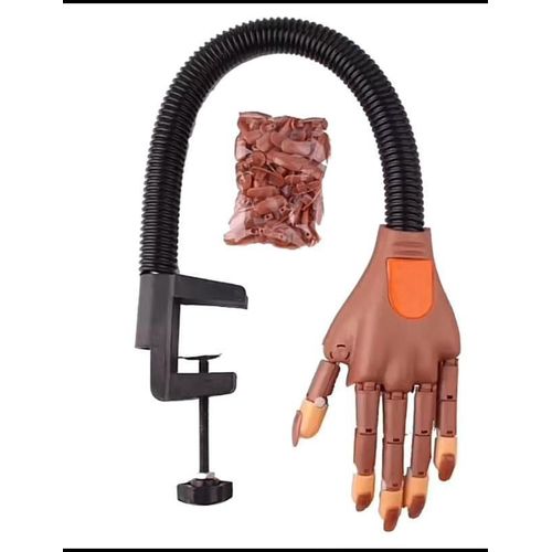 flexible mannequin training hand with a table clamp and replacement nail tips used for practicing acrylic and gel nail art techniques