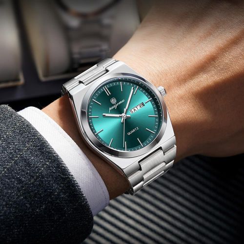 Men Business Quartz Watch, Sun Dial Luminous Wrist Watch Stainless Steel Band Day Date Waterproof Dress Watch-Teal Green