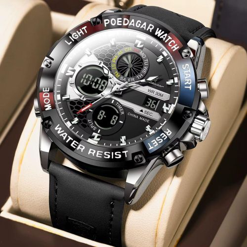 Original Quality & Very Exquisite Men's All Black Digital & Analog Day/Date Leather Strap Wristwatch