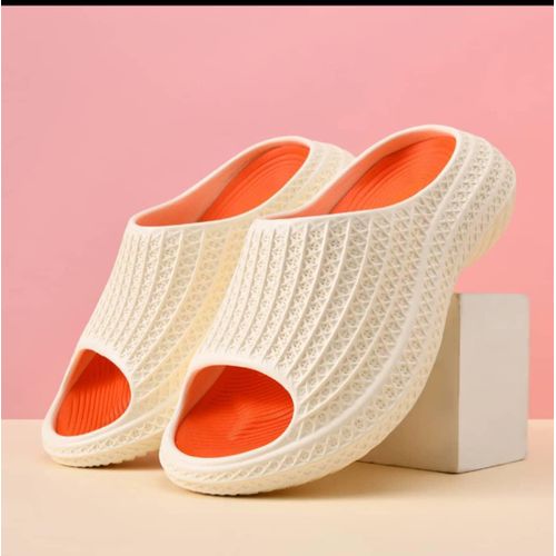 Men's Textured Foam Open-Toe Clogs - Off-White Cream & Vibrant Orange Non-Slip Platform Slide Sandals
