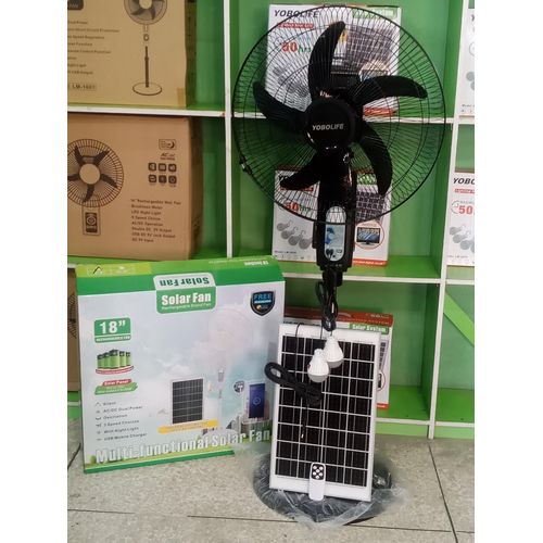 TOP Selling 18 AC/DC Rechargeable LiFePO4 Standing Solar Fan With 2Bulbs/Radio&BT/Remote Control