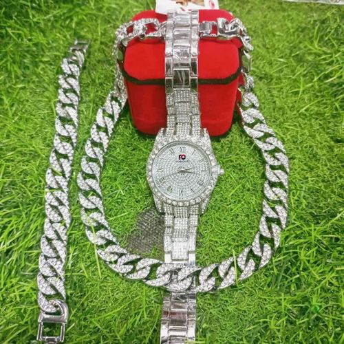 Quality Iced Sophisticated Silver Steel Chain Wristwatch + Bracelet/Necklace