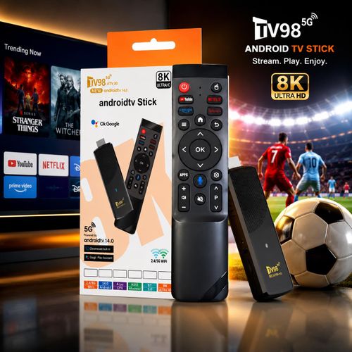 Original TV98 Android Tv Stick Box 8GB RAM 128GB ROM with pre installed live sports and movies apps Support HD 8K Video BT5.0 5G Dual WiFi6 Voice Remote H313 with original working Netflix YouTube Prime Video Apps. Works like Xiaomi MI and FireTV