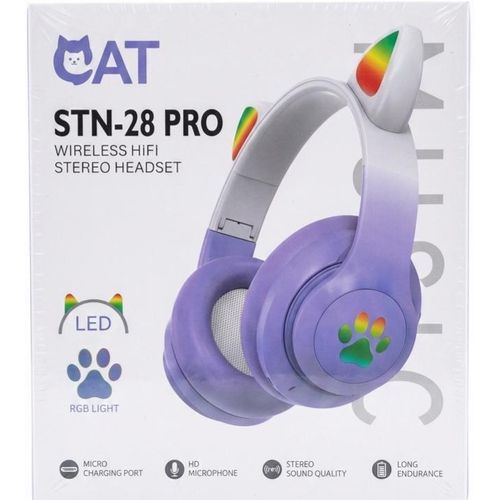 CAT STN-28 Pro Wireless Bluetooth Over-Ear Headphones – Cute LED RGB Light-Up Cat Ears, HiFi Stereo Sound, Foldable Design with HD Built-in Mic & TF Card Support for Kids, Teens & Gaming