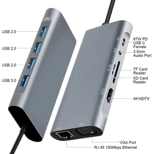 USB C HUB, USB C Adapter 11 In 1 Dongle With 4K HDMI, VGA, Type C PD, USB3.0, RJ45 Ethernet, SD/TF Card Reader, 3.5mm AUX, Docking Station Compatible With MacBook Pro/Air, Other Type C Laptops