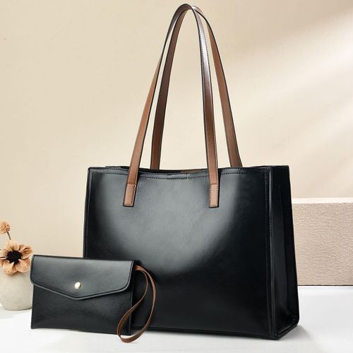 Luxury Black Leather Tote Bag Set with Matching Pouch – Large Capacity Women’s Shoulder Handbag