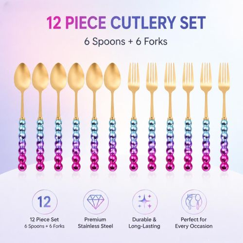 12pcs Cutlery Set - 6 Spoons & 6 Forks, Gold Finish With Gradient Beaded Handles