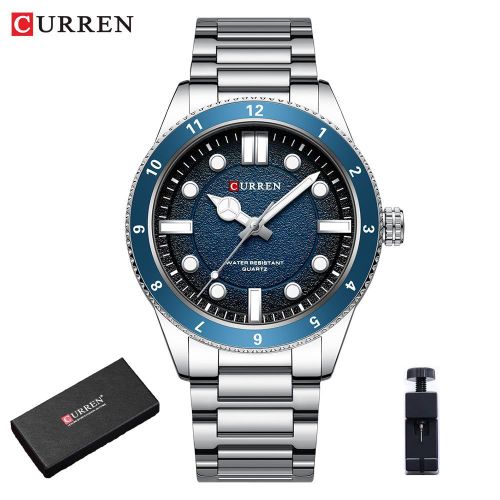 CURREN Men Quartz Wrist Watch, SilverBlue Dial Stainless Steel Band, Sports Male Wristwatch with Gift Box & Watch Link Remover Tool