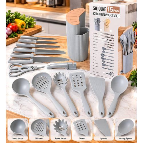 Silicone 15 Pcs Kitchenware Set With Holder And Knives