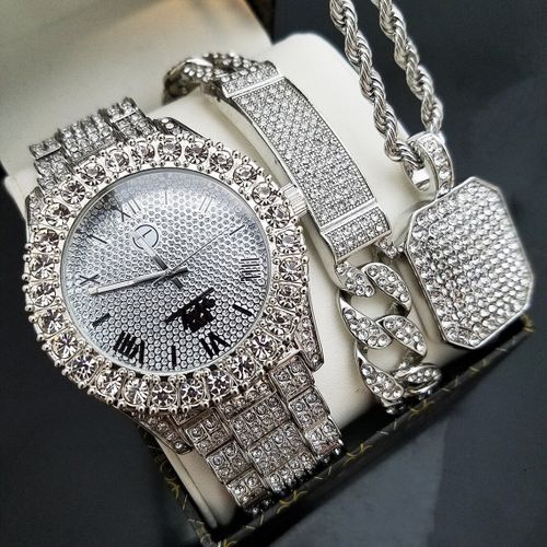Super Iced Sophisticated & Never Fading Chain Wristwatch + Rugged Iced Men Armlet & Iced Necklace