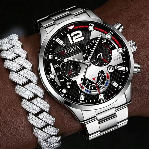Men’s Luxury Quartz Wristwatch Business Casual Watch With Bracelet Cuban Chain