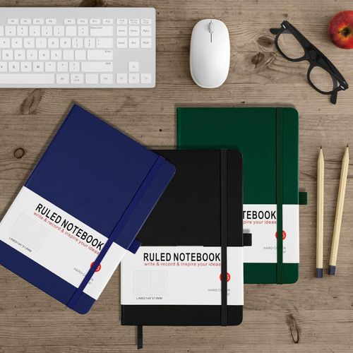 3 Pack Journal A5 Notebook 200 Pages/ 100 sheets 80 GSM with Lined Pages, Pen. Loop and Expandable Paper Pocket (Black Blue Green)