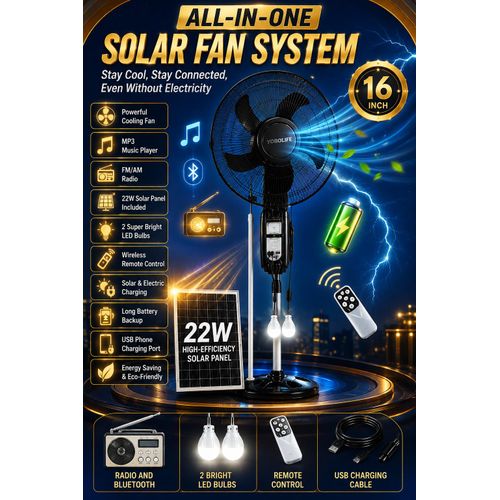 16 Inches AC/DC Rechargeable LiFePO4 Standing Solar Fan/Radio/Bluetooth/ Remote/22W Panel & With 2Bulbs For Home & Offices