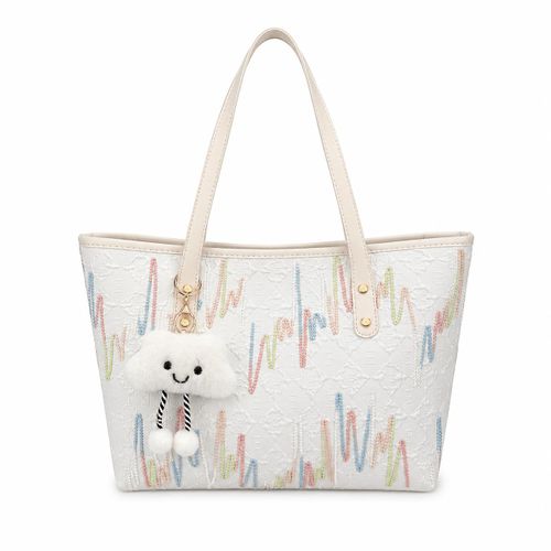 Women White Shoulder Tote Bag with Cute Keychain for Daily Work Shopping