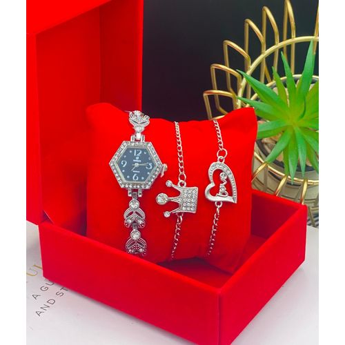 3 IN 1 WOMEN WRISTWATCH WITH BRACELET AND BOX - WOMEN WRISTWATCH - LADIES WRISTWATCH WITH BRACELET - WRISTWATCH SET FOR GIRLS