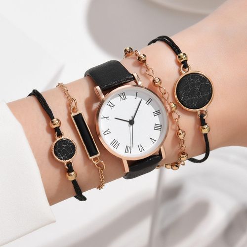 Women’s Black & Gold Quartz Watch with 4 Matching Bracelets – 5-Piece Set