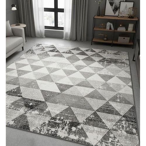 Modern Distressed Geometric Area Rug - Grey & White Abstract Design