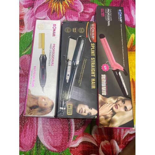 Professional 3-in-1 Hair Styling Combo Set – Curling Wand (SN-291) + Flat Iron Straightener (SN-823) + Hot Comb Straightener (SN-5248) - Complete Hair Care Kit for Women