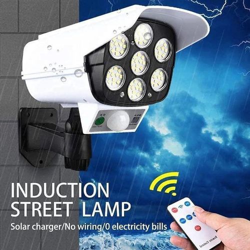 Solar Simulation Camera Security Light 77 LED 800LM Motion Sensor Outdoor Wall Flood Light with Remote Control 3 Gear Modes and Human Body Induction White