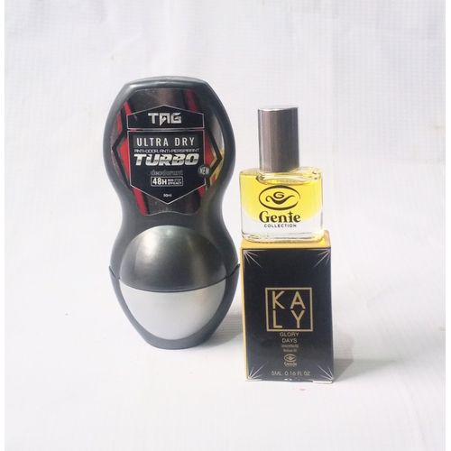 Perfume Gift Set Combo 2in1 Tag Black Turbo Roll On 50ml and Kaly Black Oil Perfume 5ml (Unisex), NAFDAC Numbers: Roll On: A2-105054, Perf: A2-103593