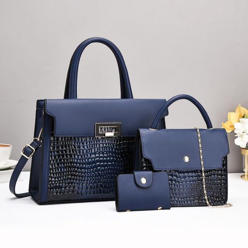 3 in 1 Office Ladies Croc Leather Handbag - Dark Blue