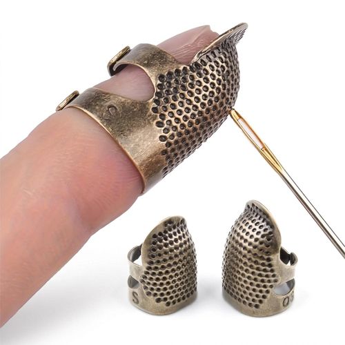 2Pack Vintage Copper Sewing Thimbles, Adjustable Metal Finger Protectors for Hand Sewing & Quilting, Antique Brass Finish, Size S & M