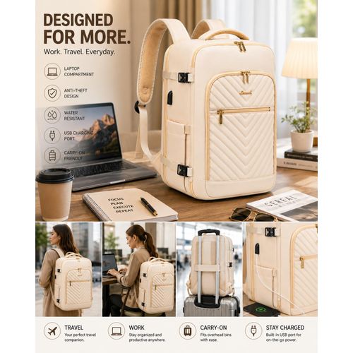Large Travel Backpack Beige Chevron Quilted Front Pocket Gold Hardware Carry On Laptop Backpack Lightweight Multi Compartment Travel Bag Hand Luggage Backpack For Women Men Business Work School