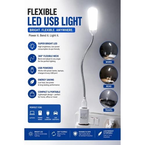 Flexible USB LED gooseneck reading lamp + Power Adaptor