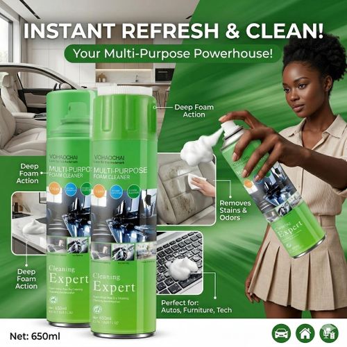 2PC BIG Size 650ML POWERFUL CAR INTERIOR Multi-Purpose Foam Cleaner, Use on Car Interior, Furniture, Carpet, foam cleaner. Foaming Cleanser Home,Car,Kitchen Cleaning Vinyl Foamy Cleaners Deep Cleaning Foam for Car, Home, Kitchen, Furniture & Upholstery