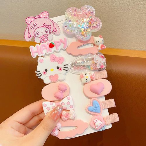 14Pcs Girls Hair Clips Set, Pink Cartoon Kitty & Melody Barrettes, Letter & Heart Pattern, Cute Kids Hair Accessories