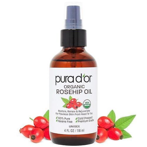 PURA D'OR ORGANIC Rosehip Seed Oil - 118ml 100% Pure Cold Pressed USDA Certified Anti-Aging Treatment - Vitamin A & C Rich - Helps Fade Appearance of Scars & Stretch Marks - For Face, Hair & Body