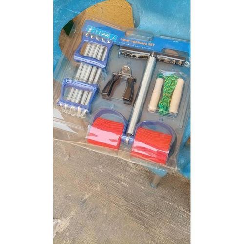 4-Way Training Set - Tummy Trimmer - Chest Expander - Jump Rope - Hand Grips - Blue