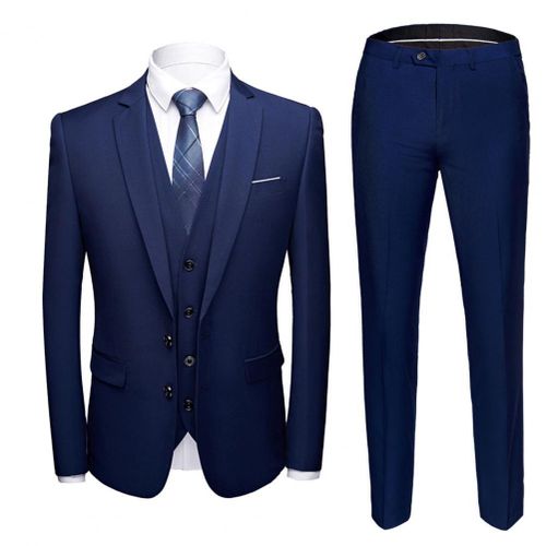 (Navy Blue)2022 Fashion Men's Casual Business Suit 3 Pieces Set Slim Plus Size Solid Color Straight Pants Suit Separates For Wedding Party RA