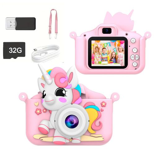 Kid Camera Digital Camera HD dual mini camera toy cartoon unicorn 2 inch eye protection Screen Video Recording Music Playback Gaming For Girls Boys Gift