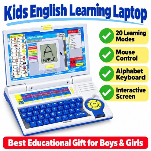 Kids English Learning Laptop, 20 Learning Modes, Alphabet Keyboard, Mouse Control, Educational Gift for Boys & Girls